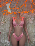 Pink plunging cutout bodysuit with sparkle center and high-leg thong bottom