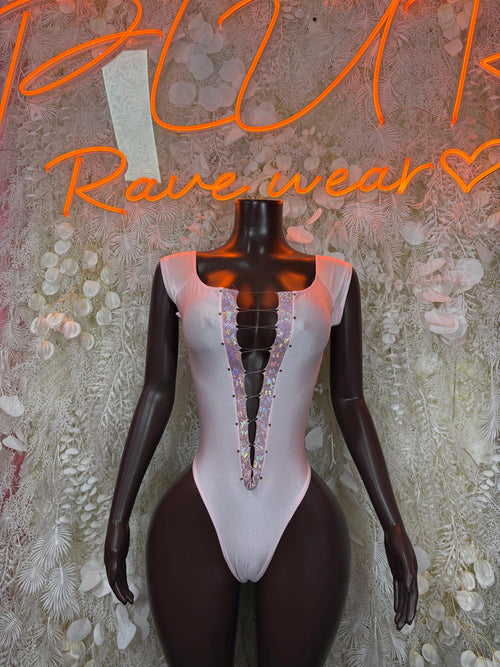 Pink sleeveless bodysuit with plunging front neckline and vertical rhinestone trim