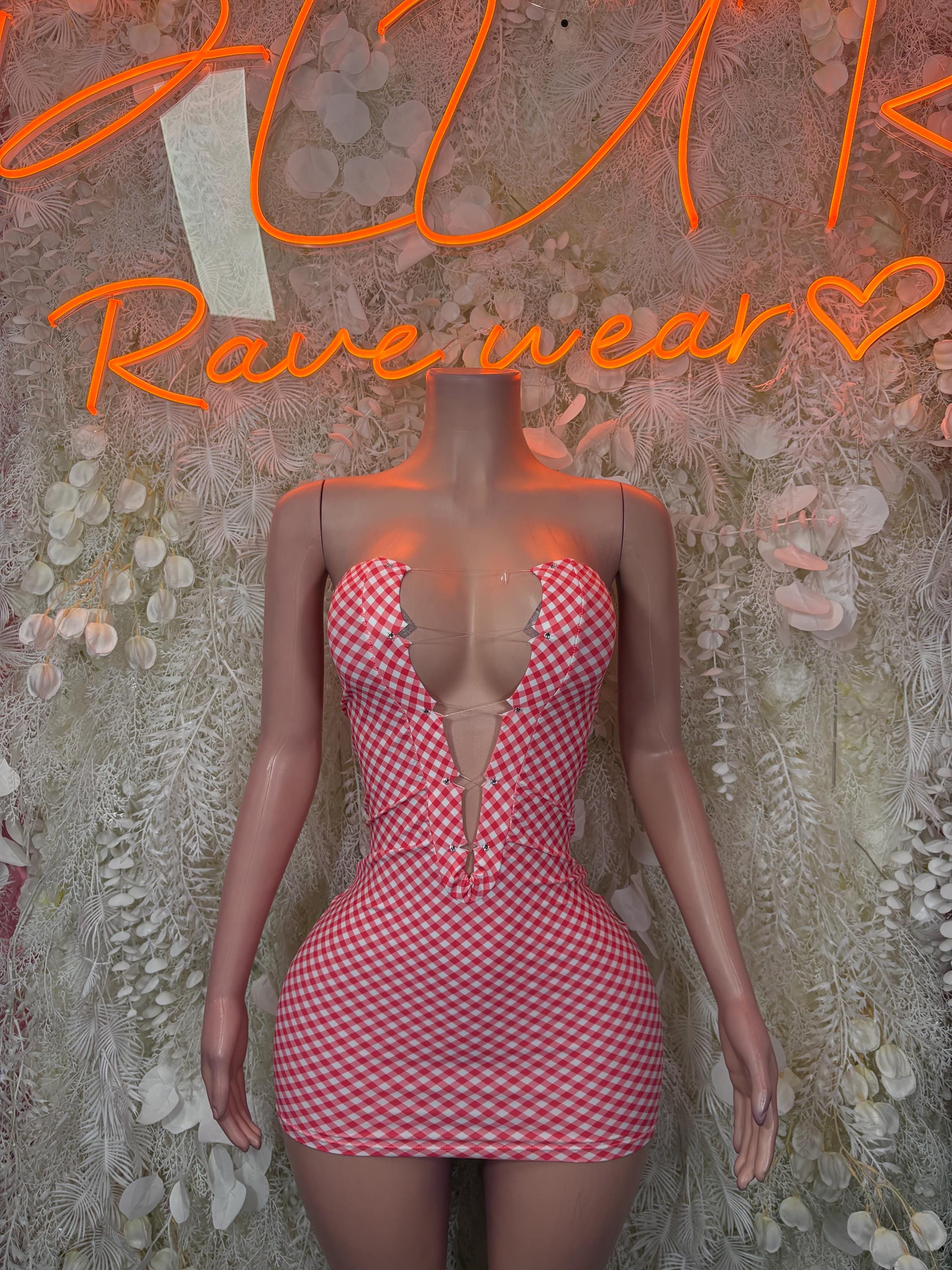 Red-and-white checkered mini dress with deep V neckline, sleeveless