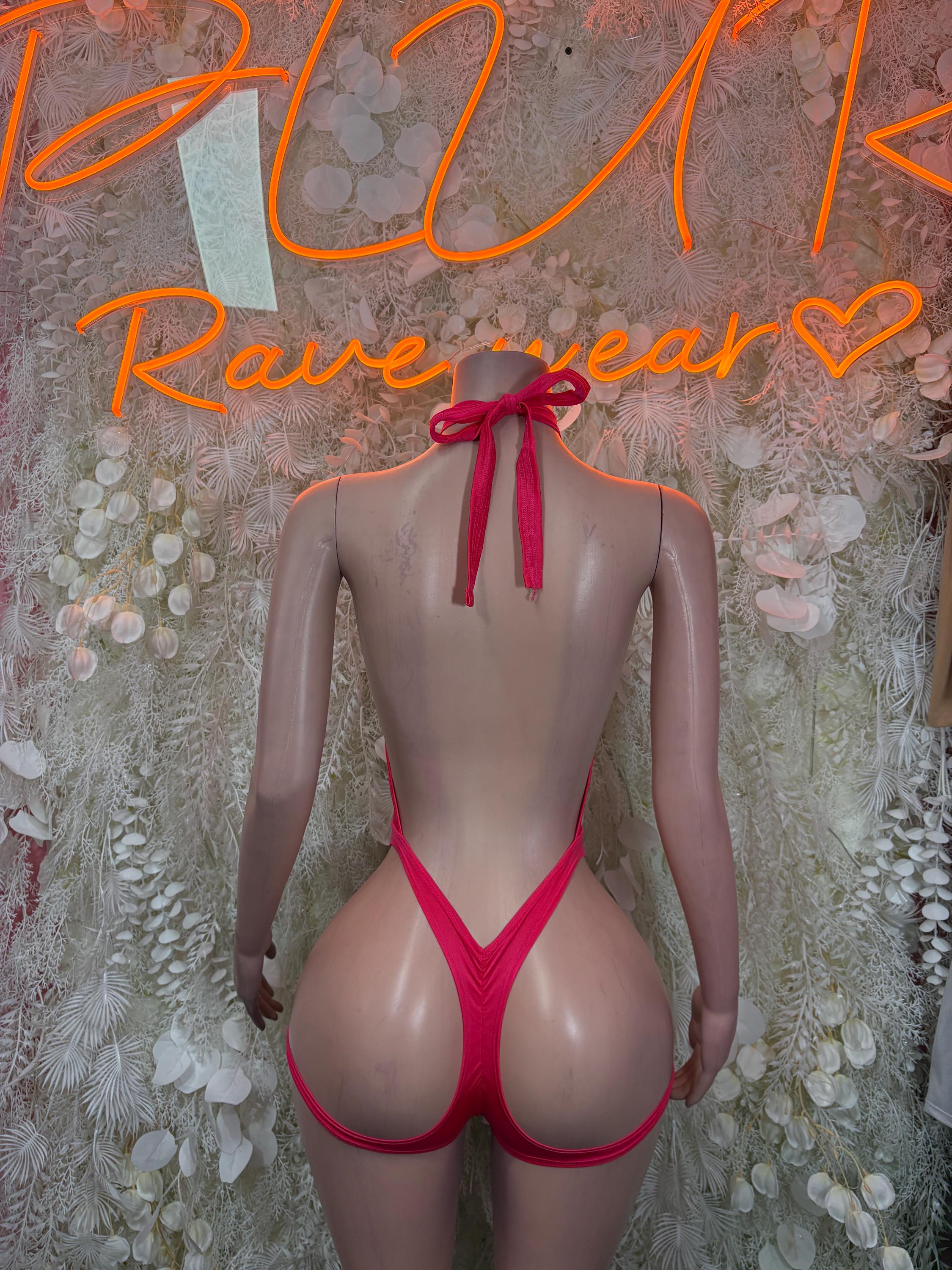 Pink backless bodysuit with tie halter straps and open back V-shape
