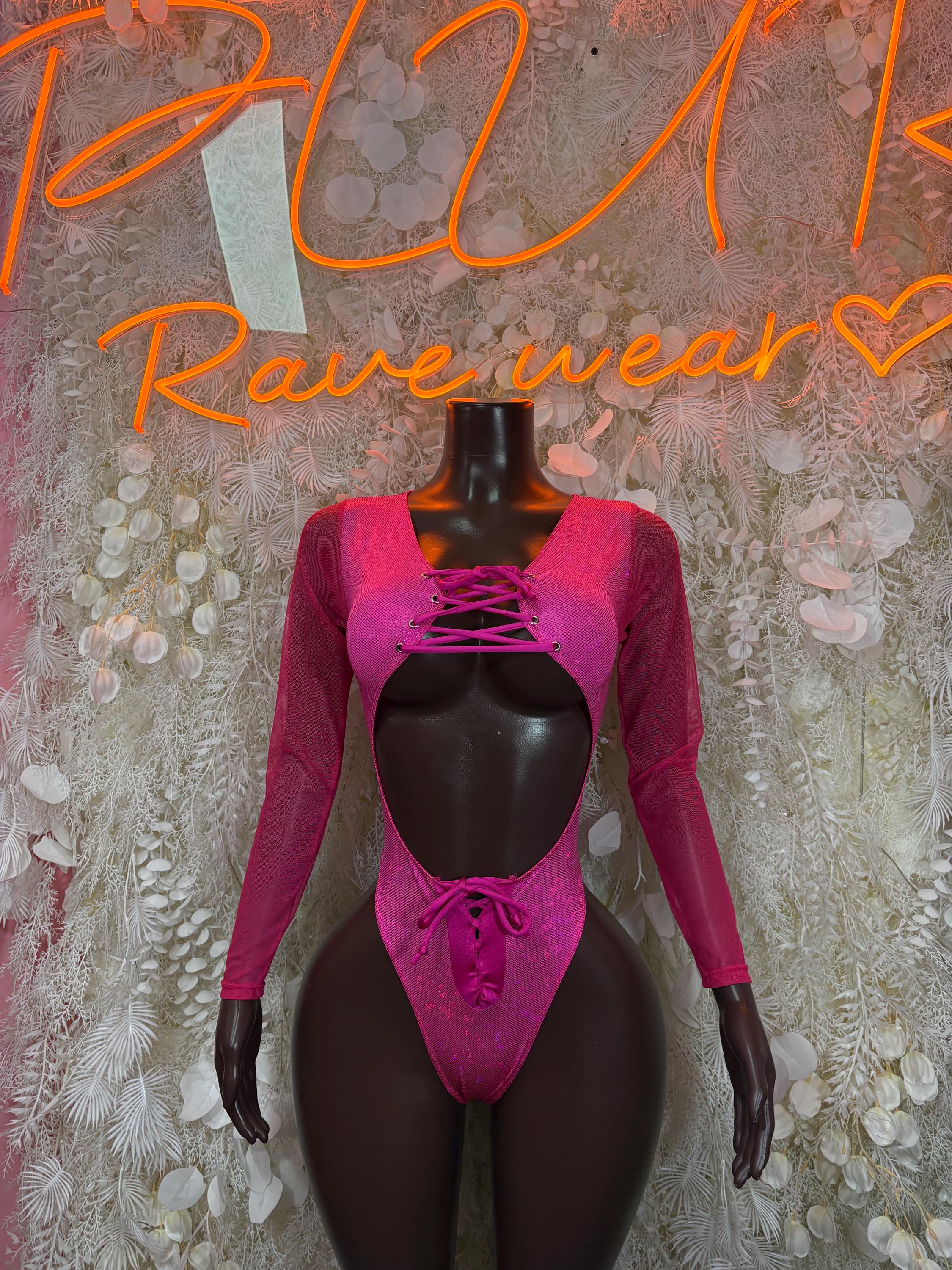 Pink long-sleeve tie-front bodysuit with lace-up neckline
