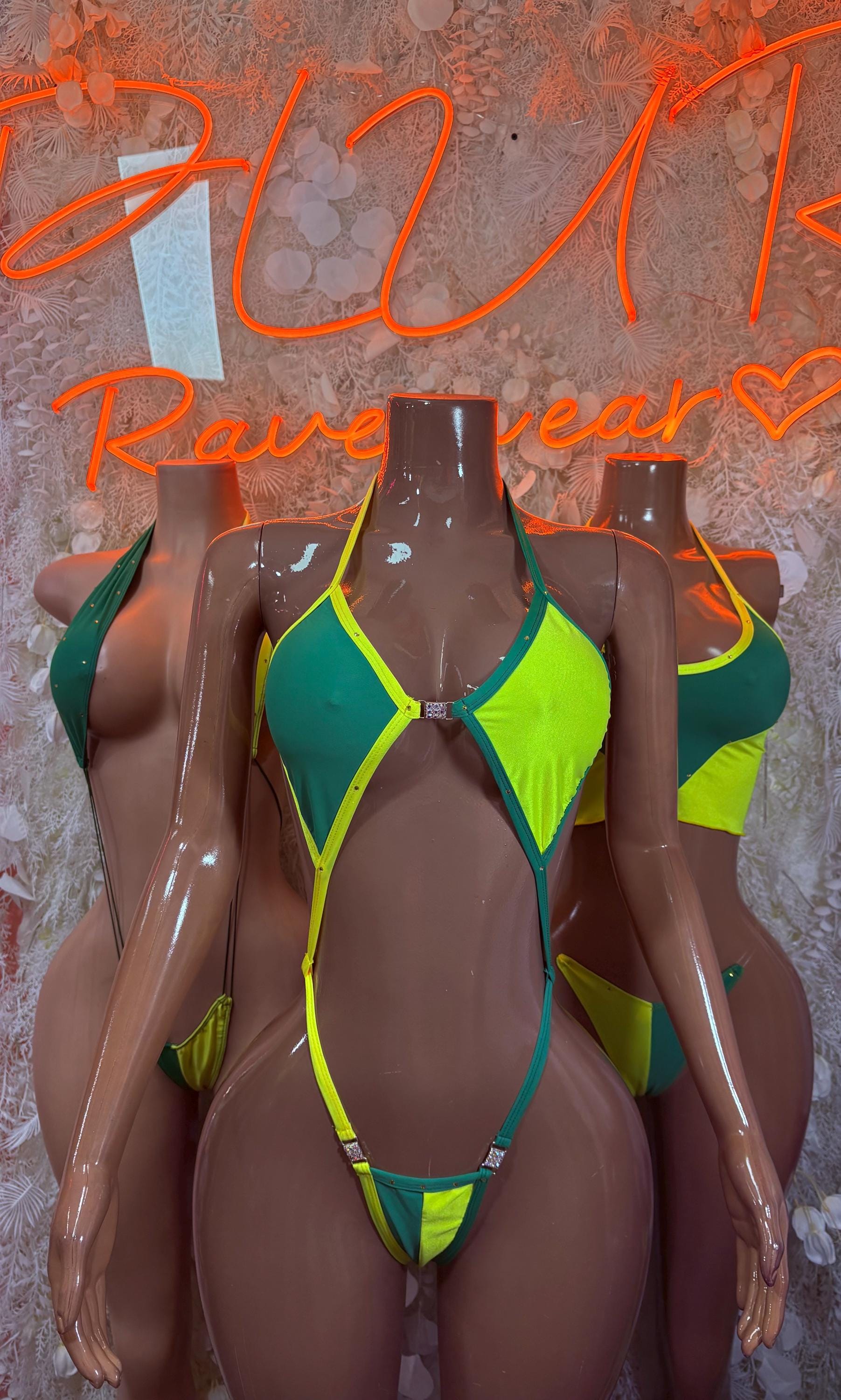 Brazilian flag two-piece crop bikini set, green and yellow with matching bottoms