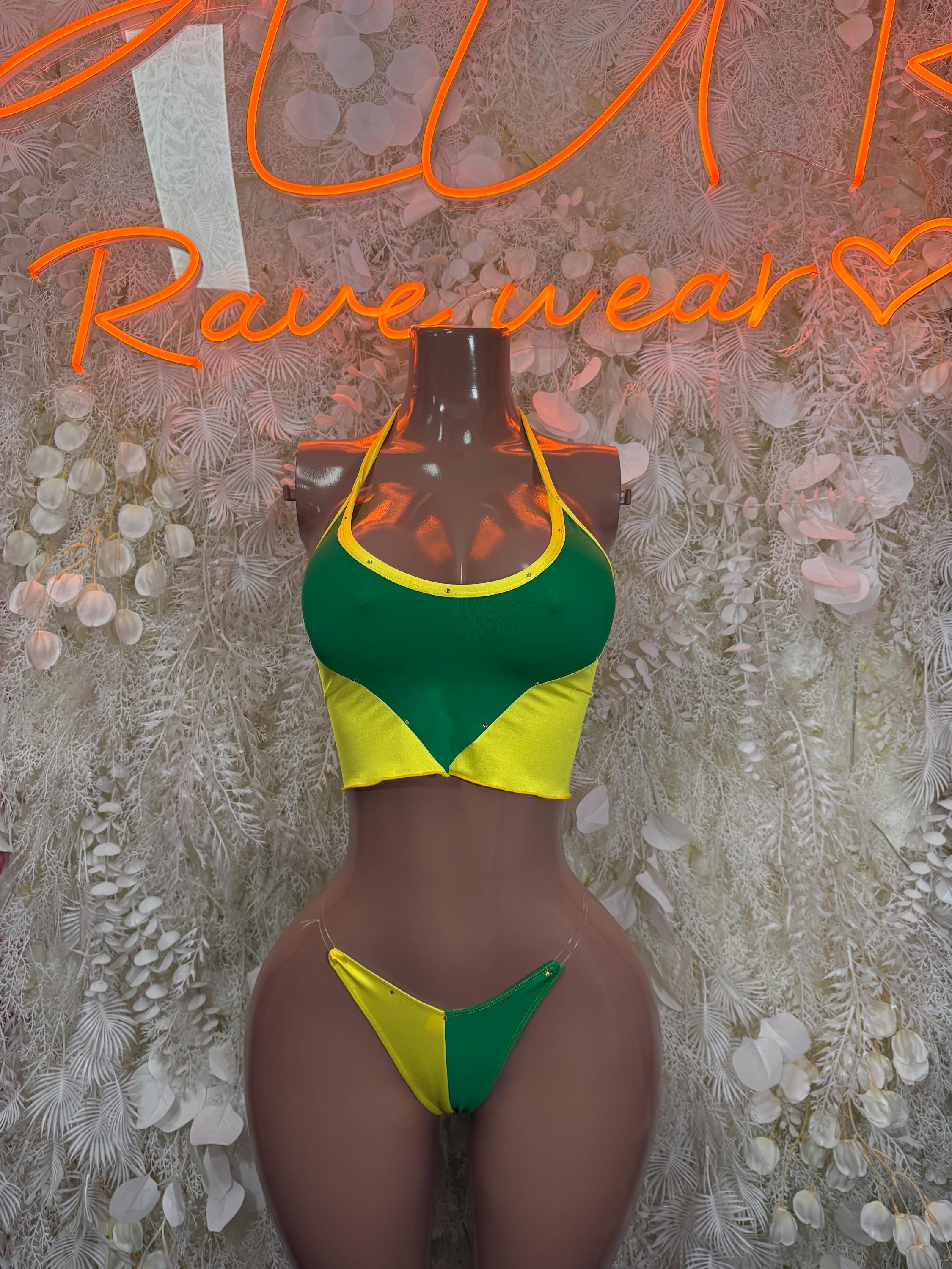 Brazilian flag two-piece crop bikini set, green and yellow front view