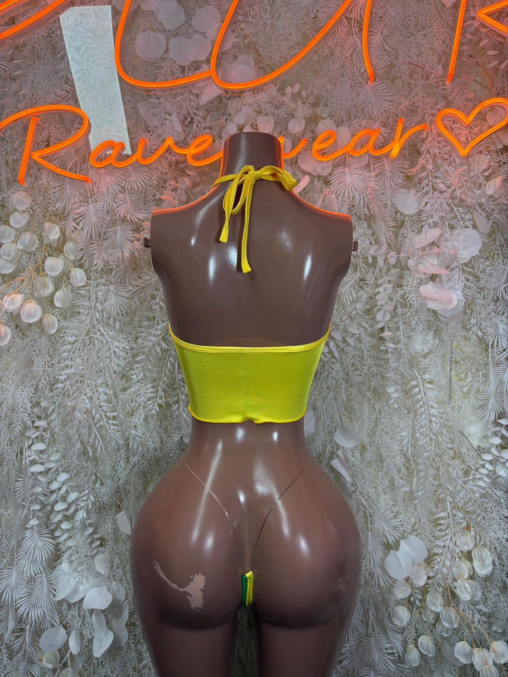 Brazilian flag two-piece crop bikini set, green and yellow back view