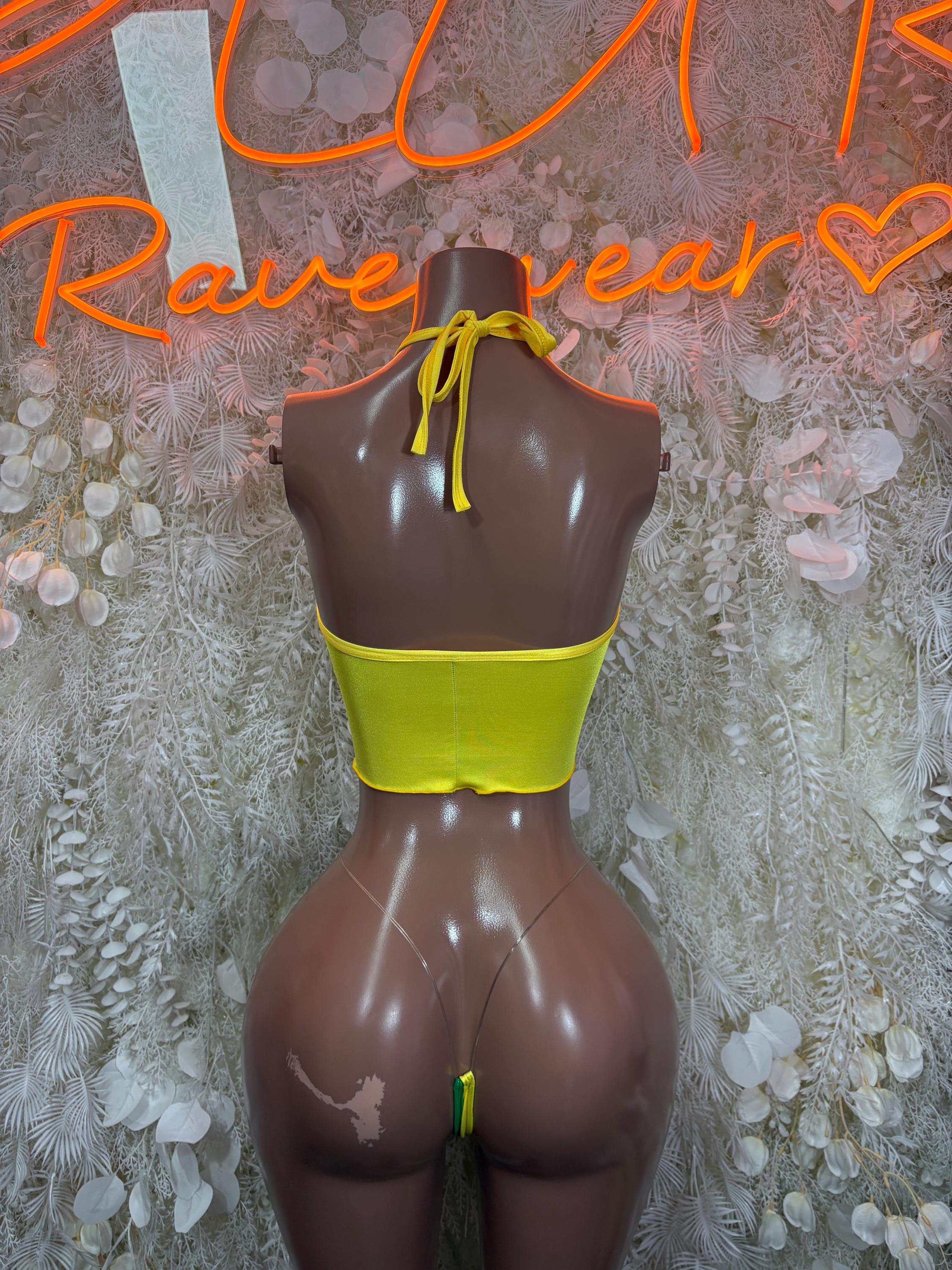 Brazilian flag two-piece crop bikini set, green and yellow back view