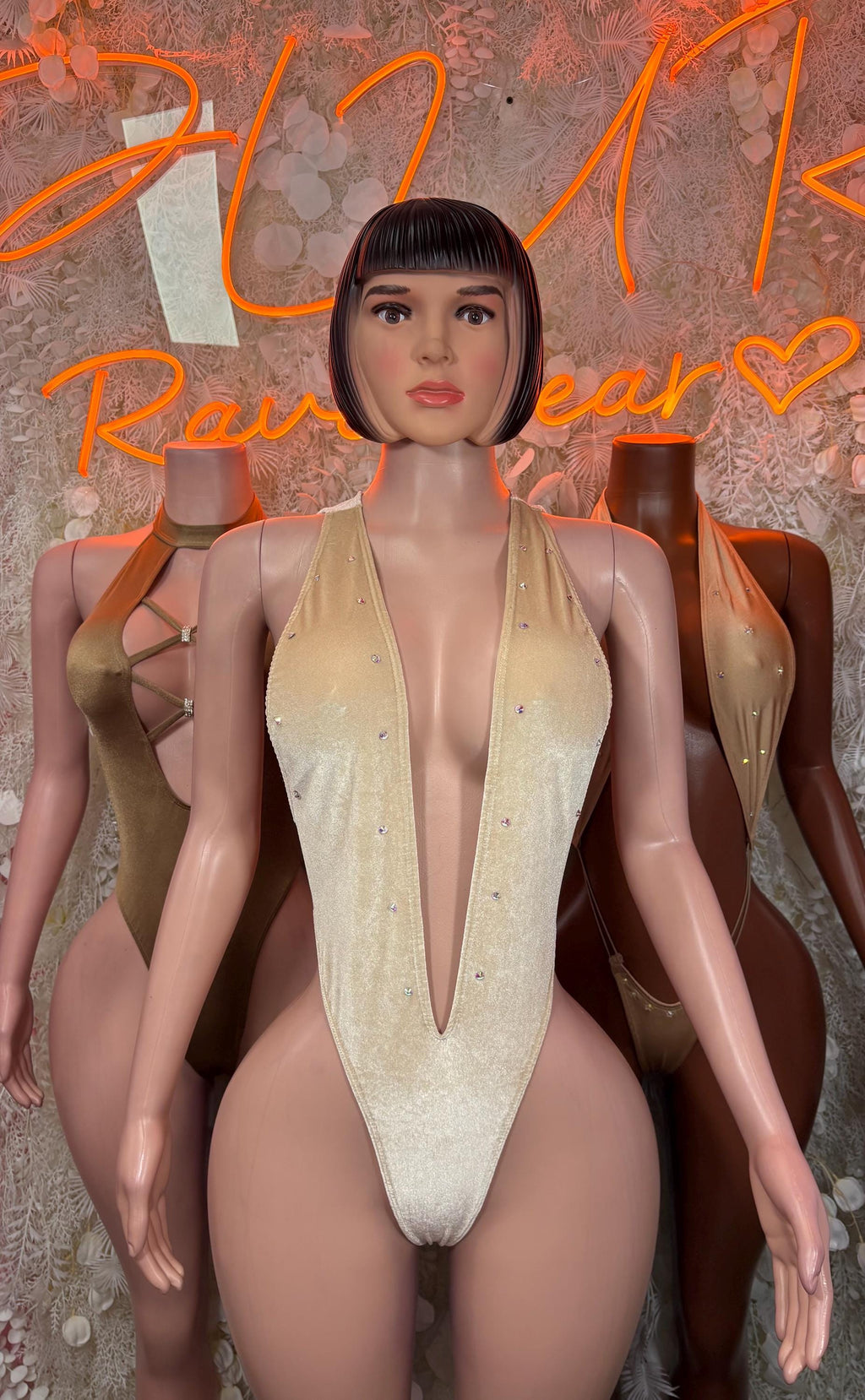 Tan velvet deep V-neck bodysuit with draped front, festival rave one-piece