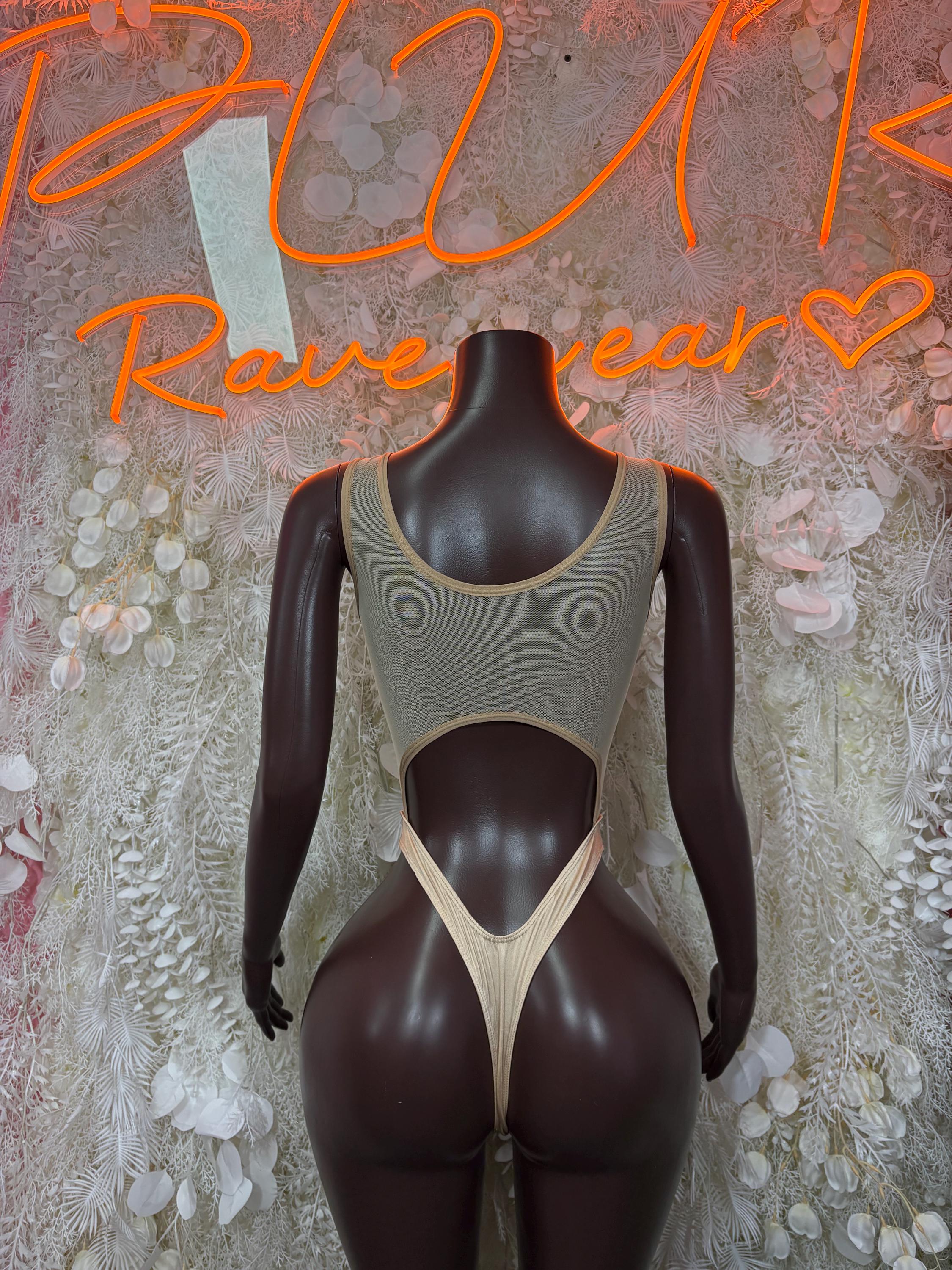 Cream scoop-neck bodysuit with chest cutouts and thong-style bottom