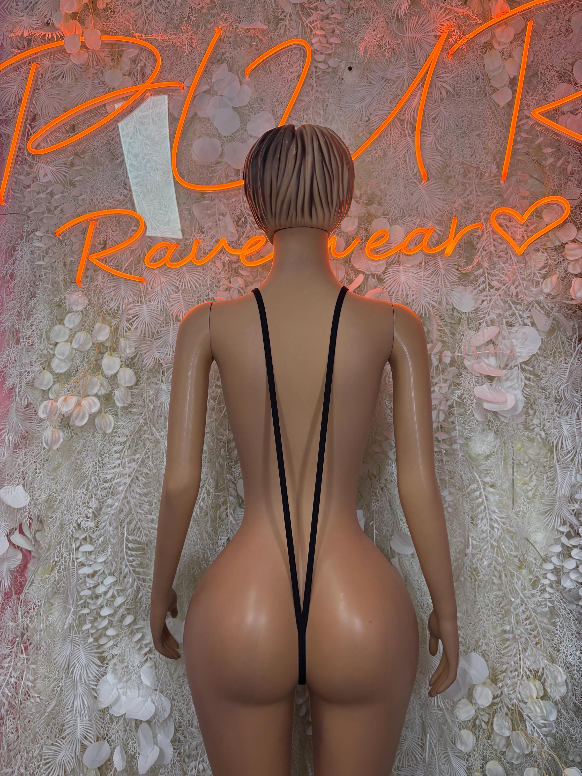 Gold slingshot one-piece festival bodysuit, backless with V straps and gold sequin panels