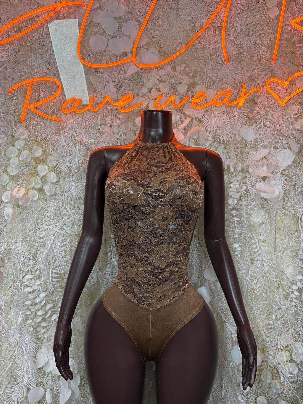 Brown mesh bodysuit with high neck and long sleeves, front ruched overlay