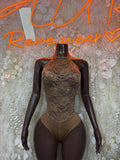 Brown mesh bodysuit with high neck and long sleeves, front ruched overlay