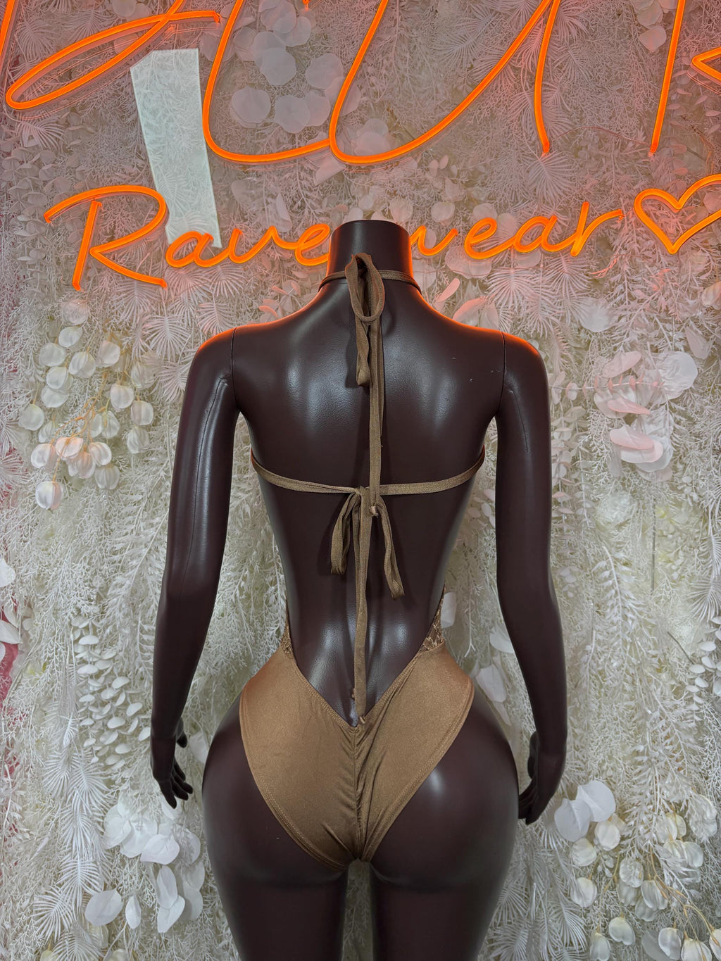 Backless mesh bodysuit with tie closure at neck and open back, long sleeves