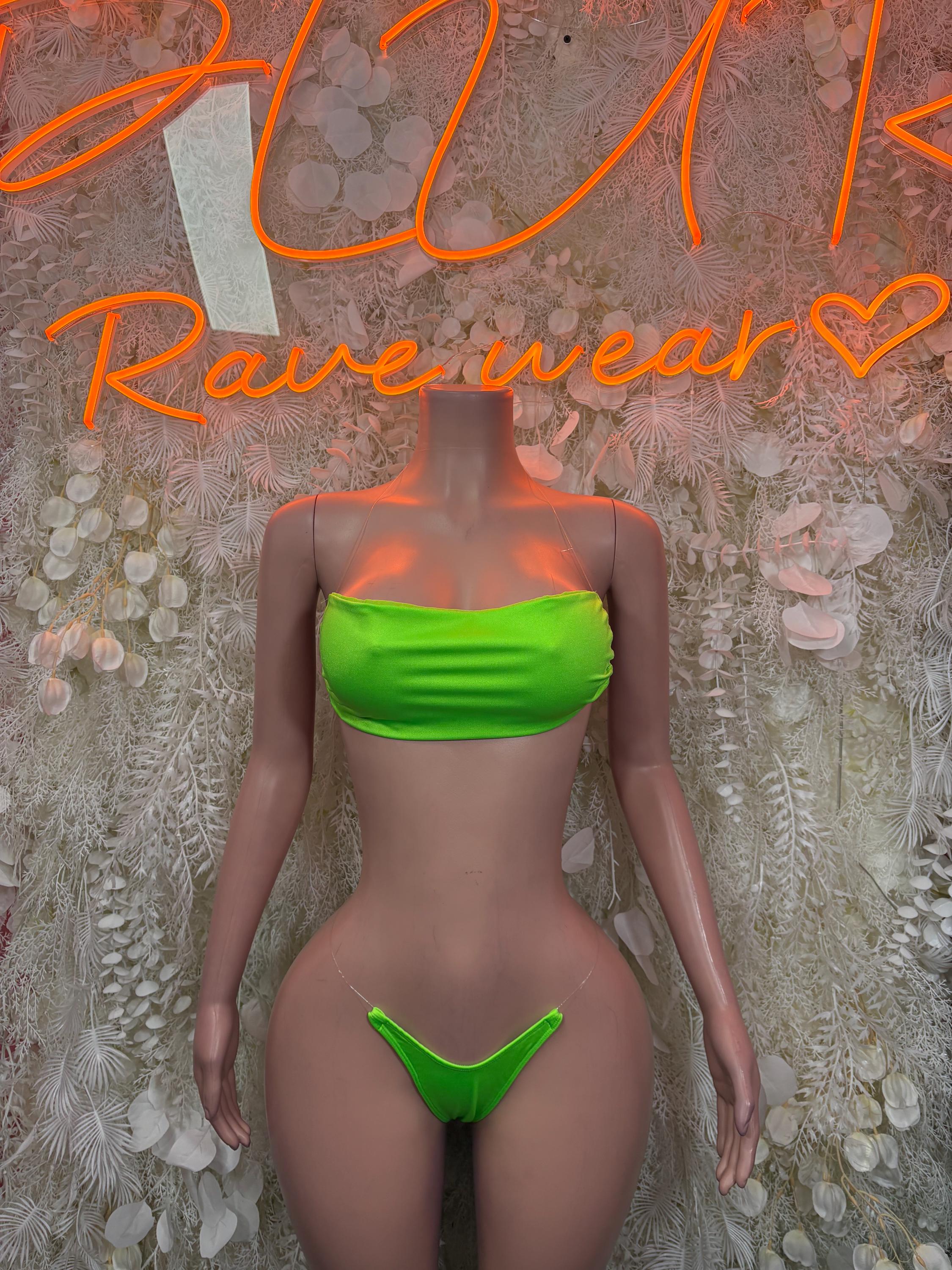 Neon green two-piece bikini with bandeau top and high-cut bottoms
