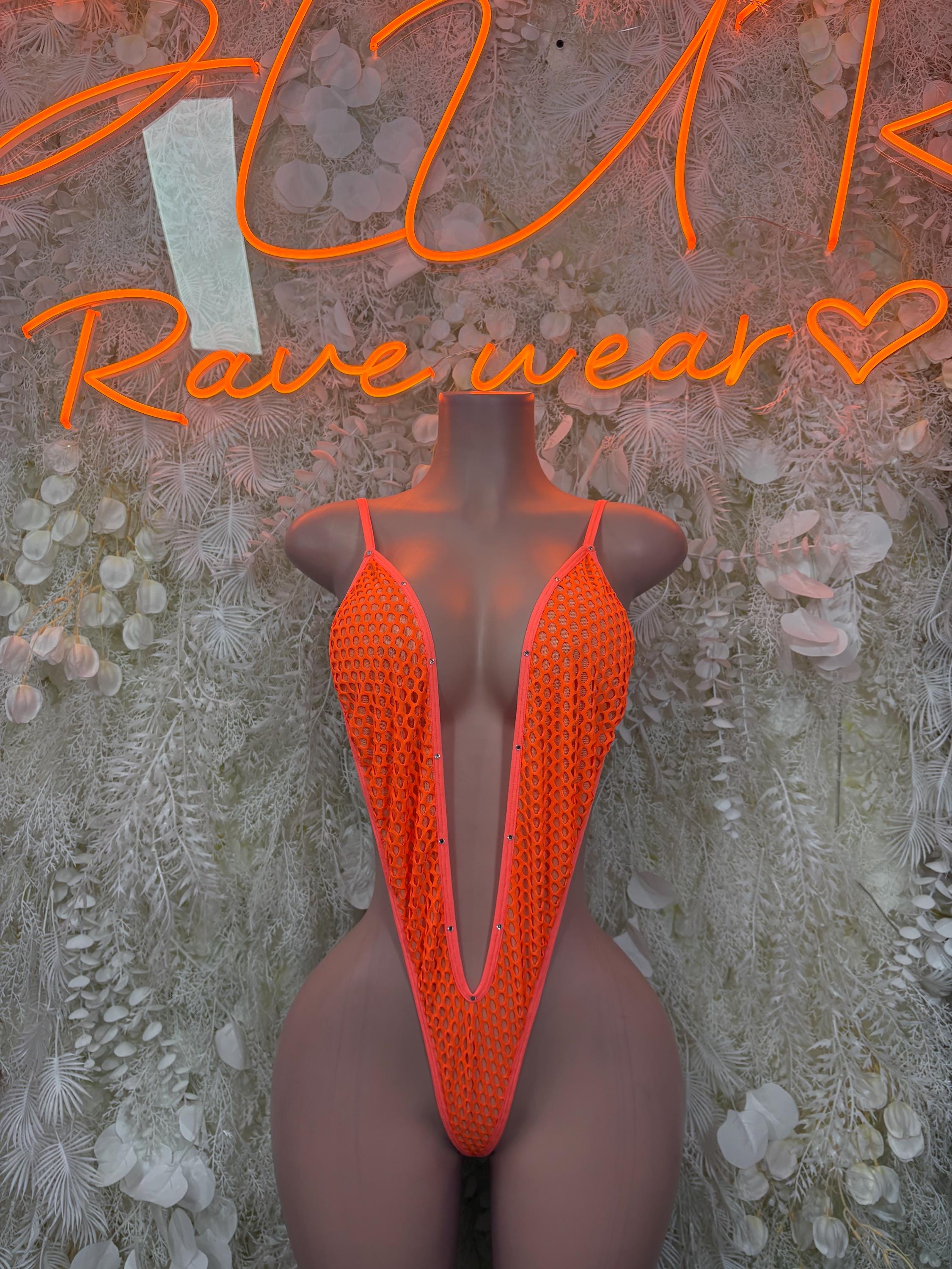 Neon orange mesh one-piece bodysuit with deep V front and thin straps
