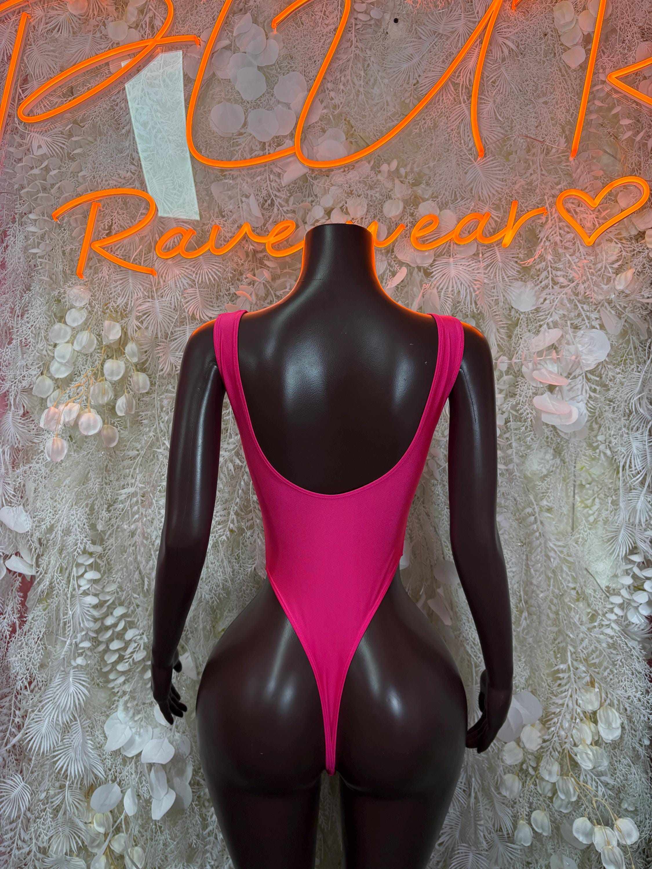 Pink backless one-piece bodysuit with wide shoulder straps