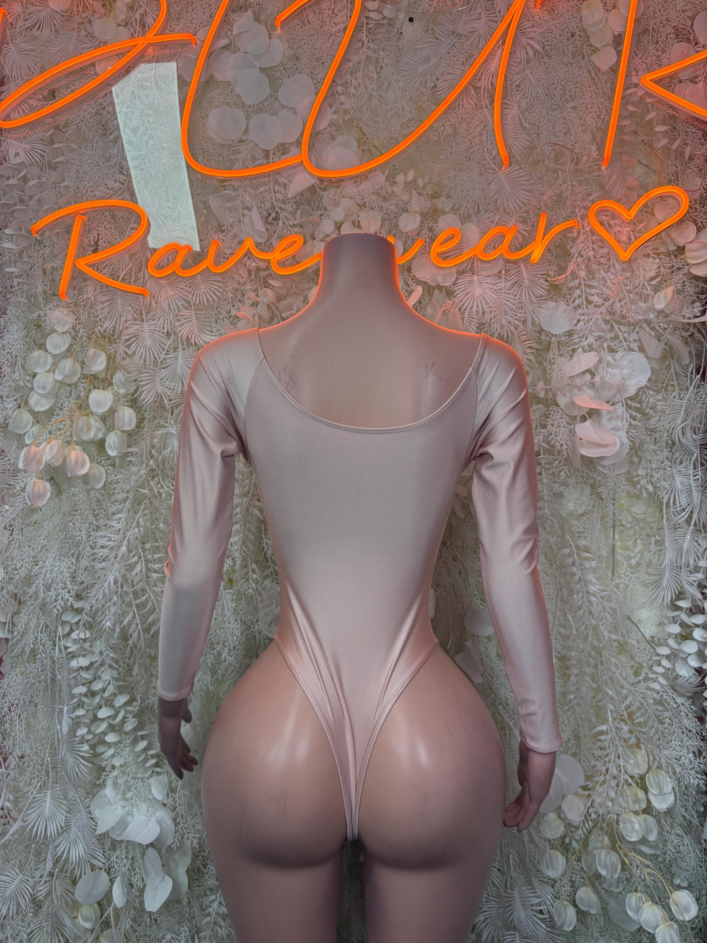 Nude sheer bodysuit with long sleeves and corset-style lace-up neckline