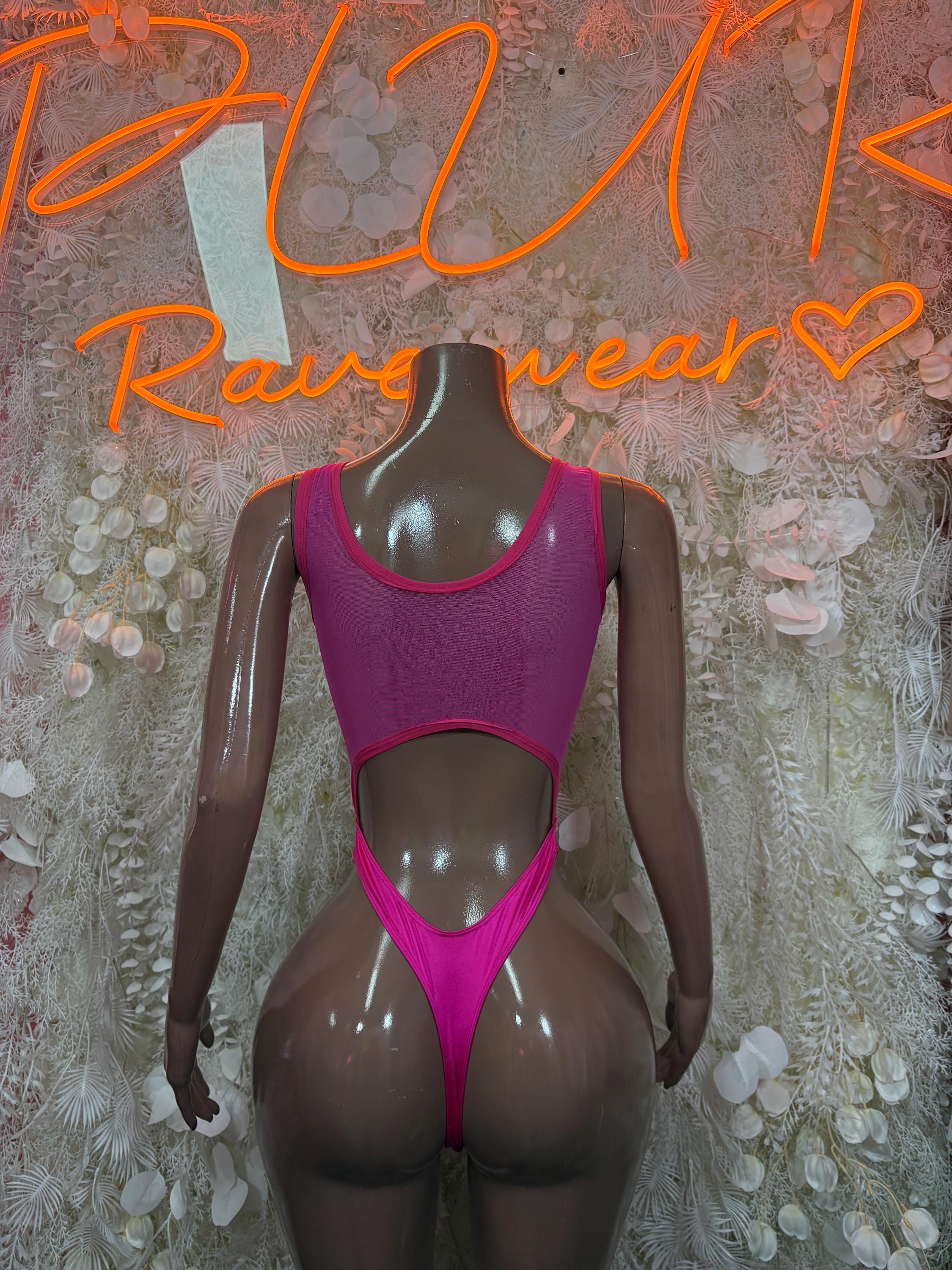 Pink one-piece bodysuit back view with wide scoop straps