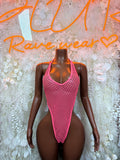 Pink fishnet one-piece bodysuit with halter neckline, front view