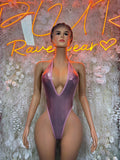 Pink metallic one-piece bodysuit with deep V neckline and halter straps