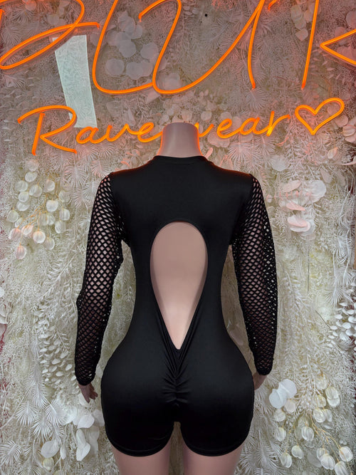 Black backless bodysuit romper with lace mesh sleeves and teardrop back cutout