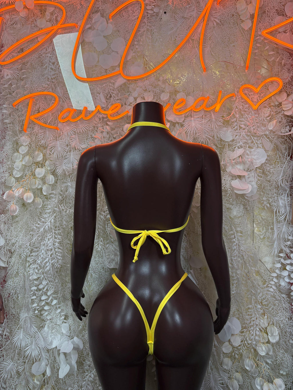 Yellow bikini back with tie at waist and thin straps, triangle cut
