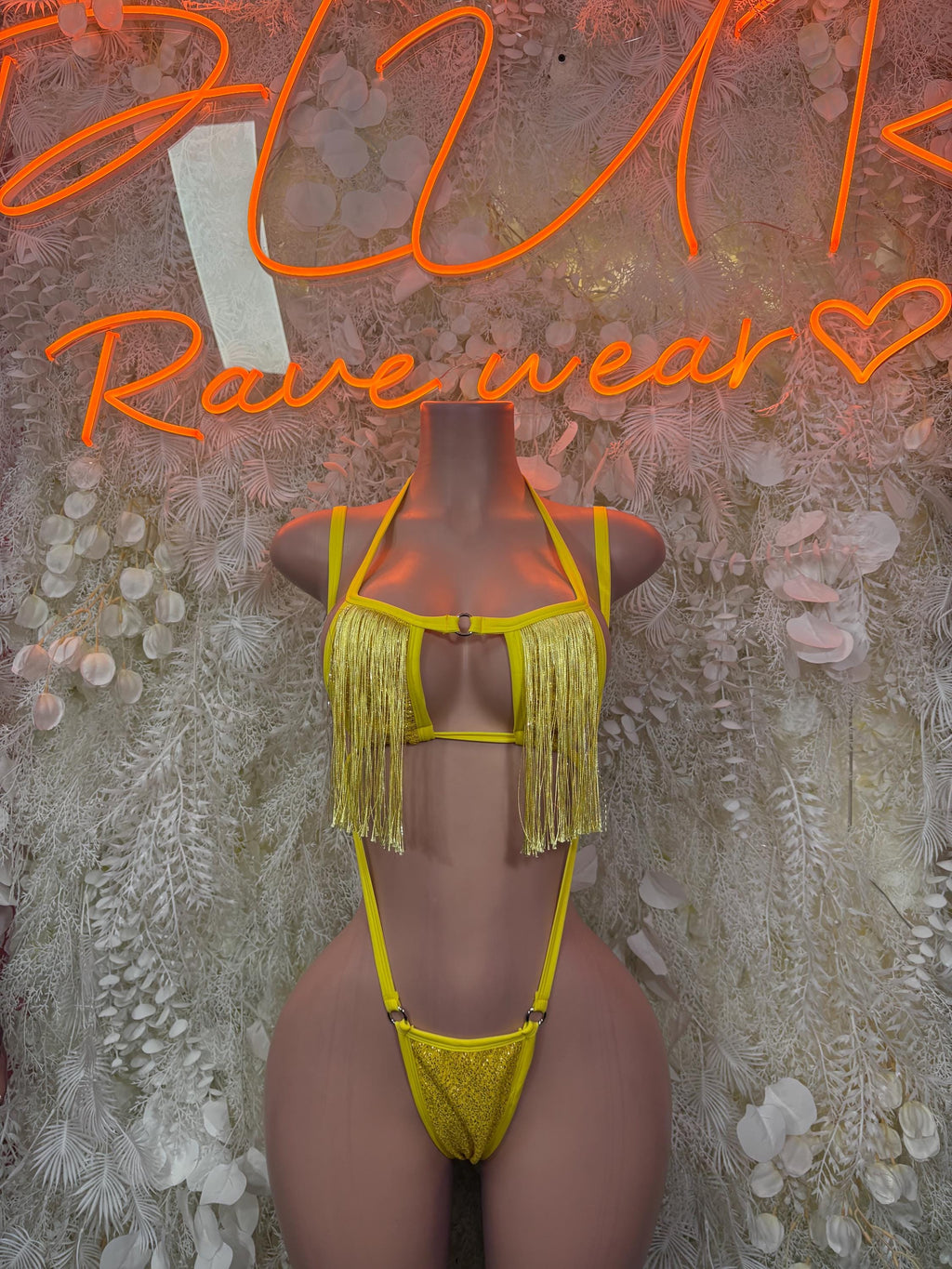 Yellow fringe two-piece dancewear set with strappy bra and matching thong bottoms