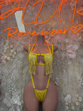 Yellow fringe two-piece dancewear set with strappy bra and matching thong bottoms