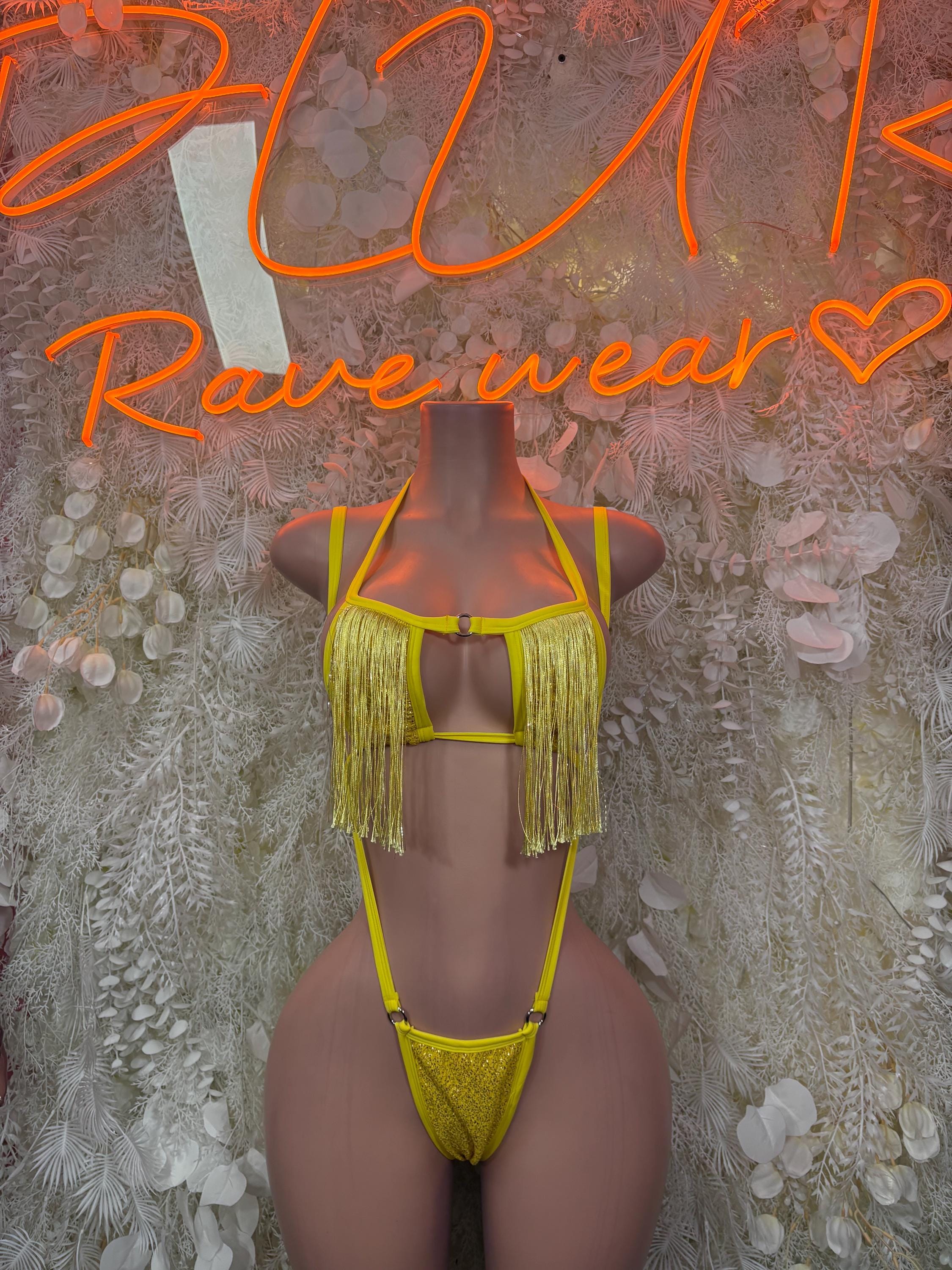 Yellow fringe two-piece dancewear set with strappy bra and matching thong bottoms