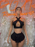 Black rhinestone halter crop top and mini skirt set with cross front