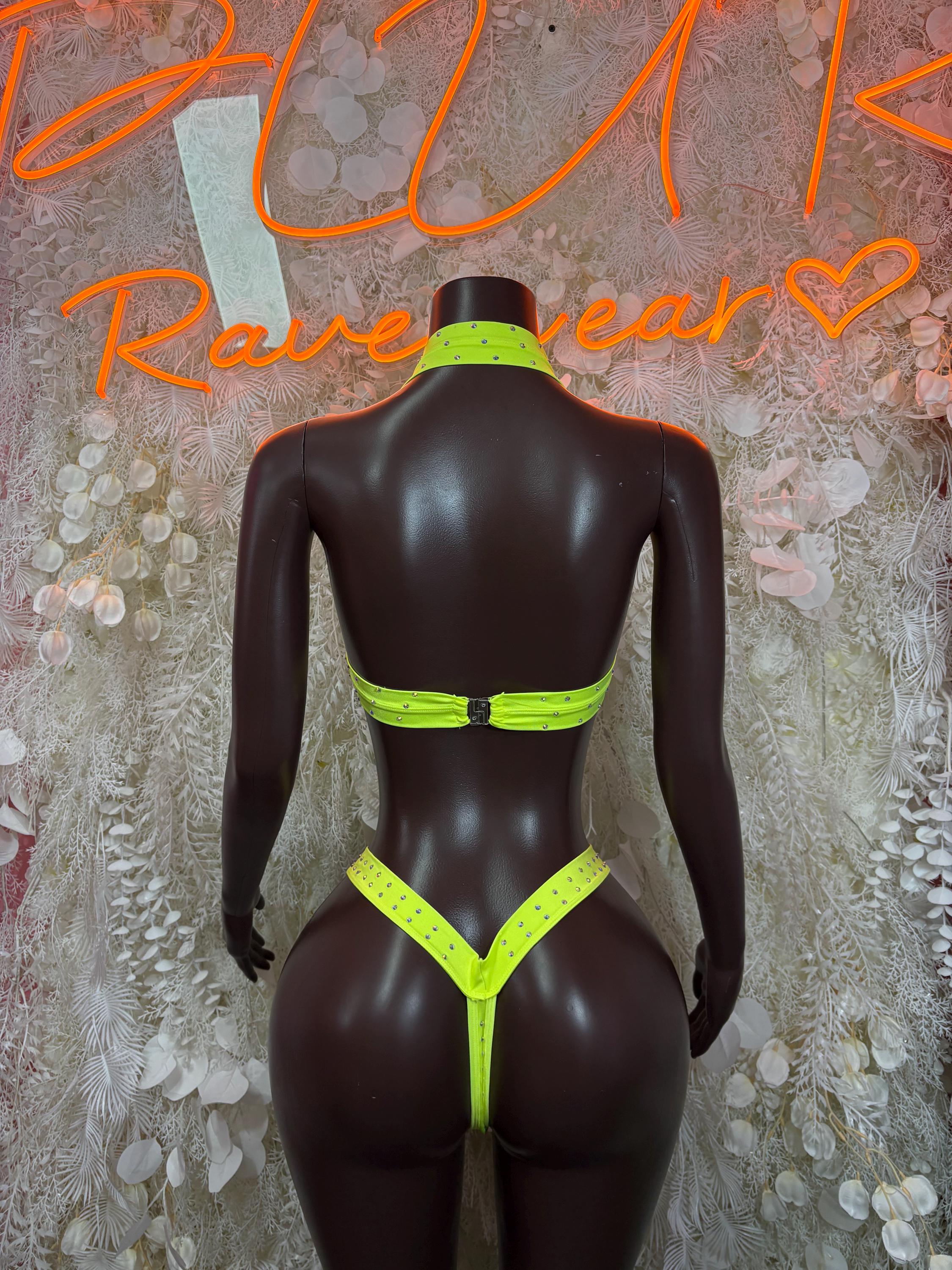 Neon green rhinestone bikini set back view on black mannequin, triangle top and high-cut briefs