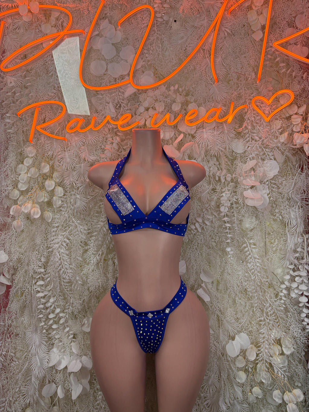 Blue rhinestone halter bikini top with high-cut bottoms, two-piece festival set