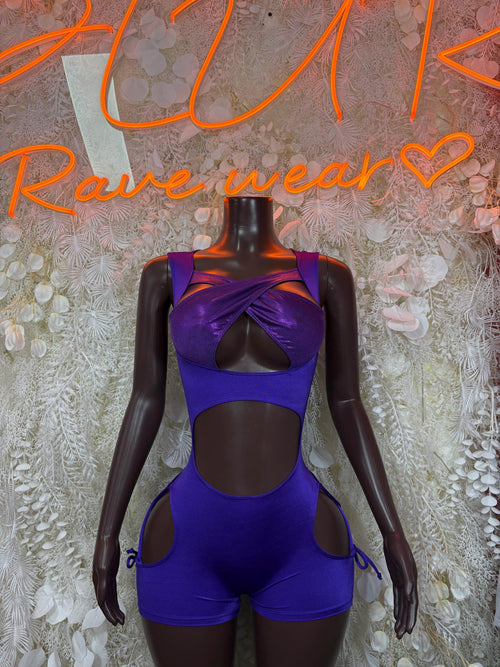 Purple dance bodysuit with twisted halter bust and front cutouts, high-leg fit