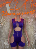 Purple one-piece dancewear with lace-up front and high-cut leg openings