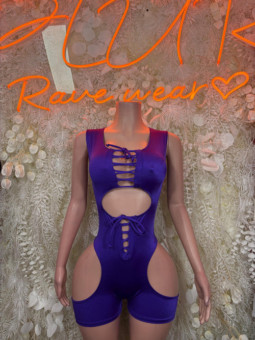 Purple one-piece dancewear with lace-up front and high-cut leg openings