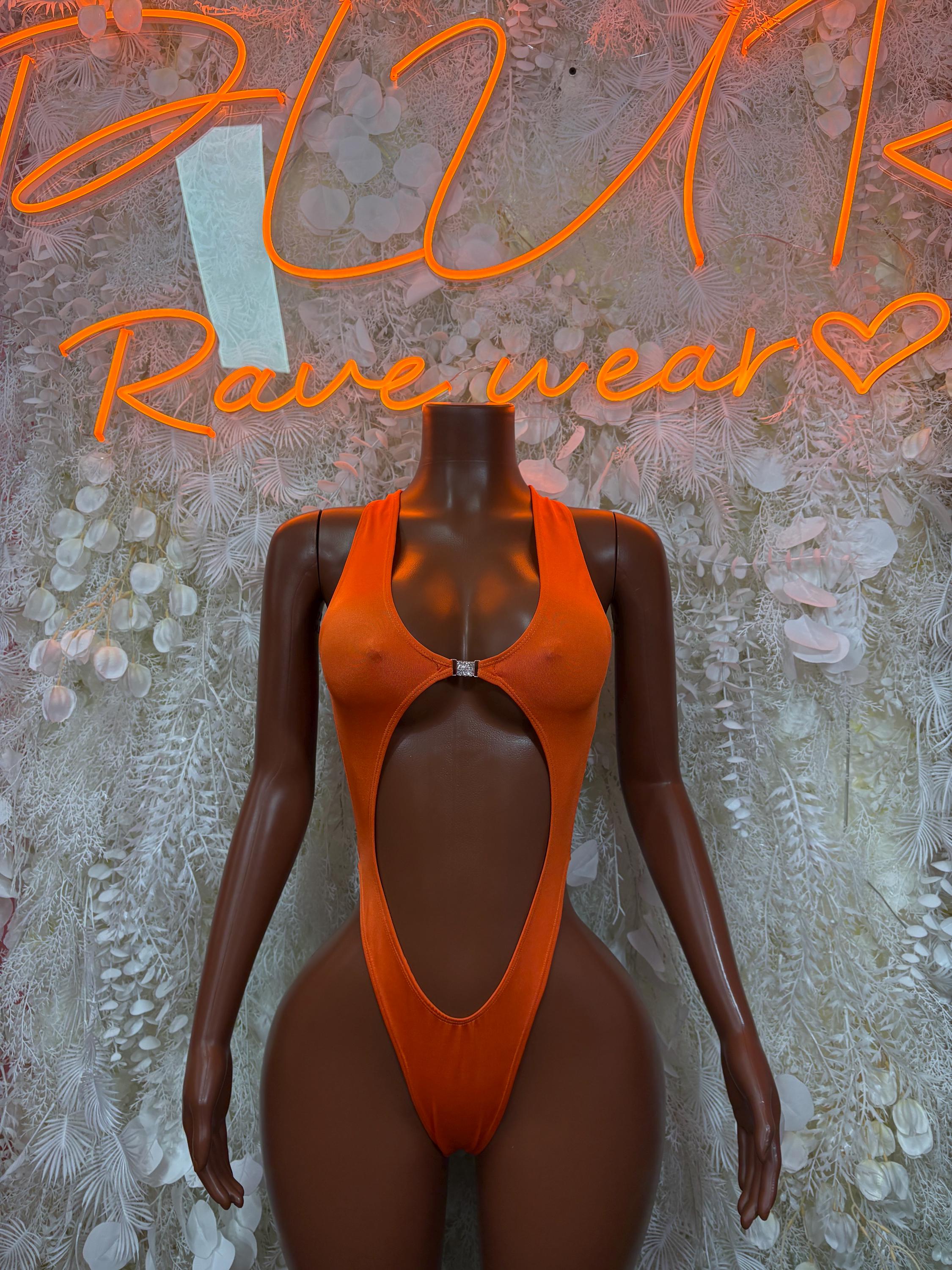 Orange one-piece bodysuit with deep V neckline and high-cut leg openings