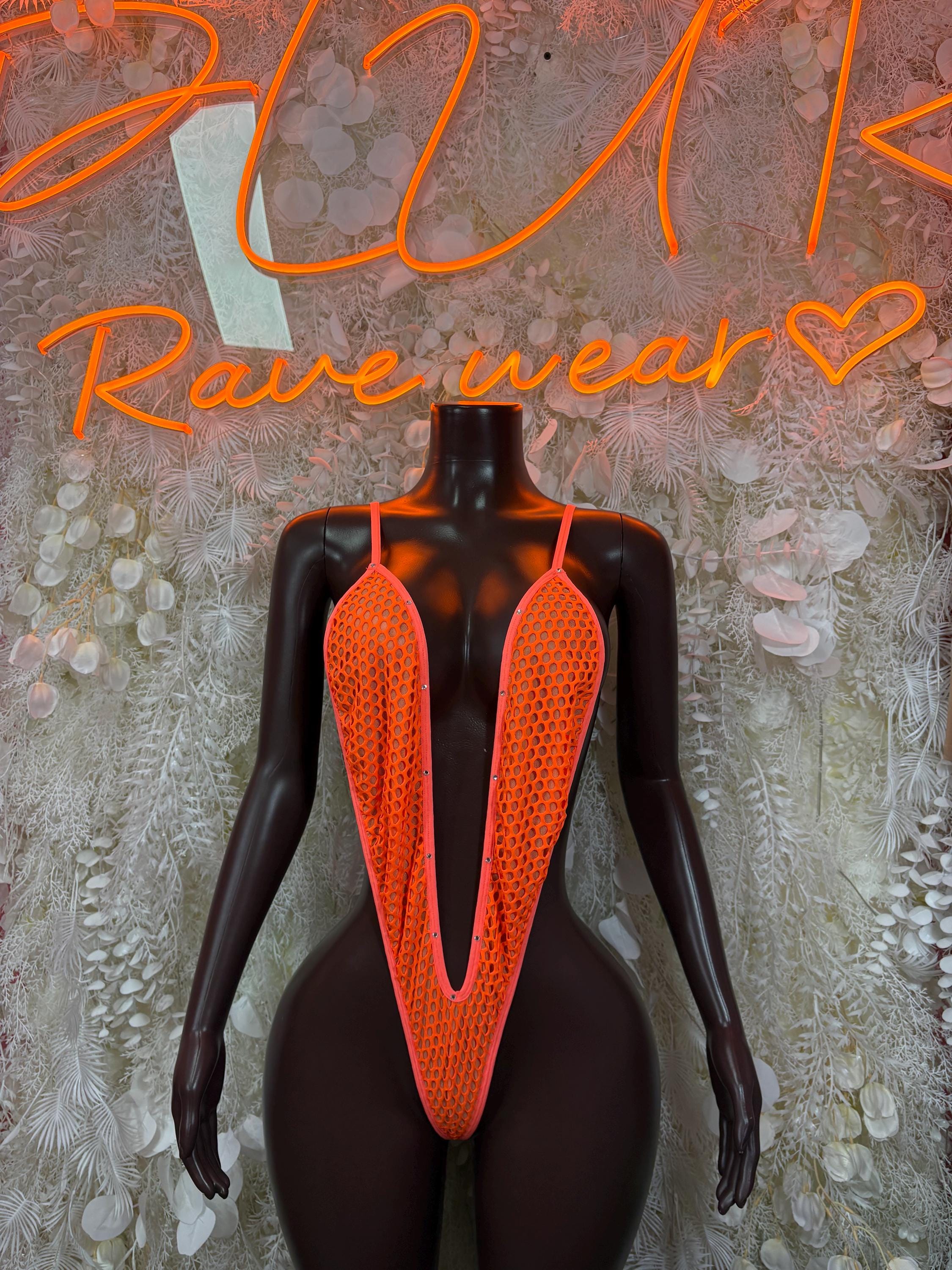 Orange festival one-piece bodysuit with V-shaped front halter straps