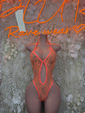Orange lace one-piece bodysuit with V-neck and thin straps