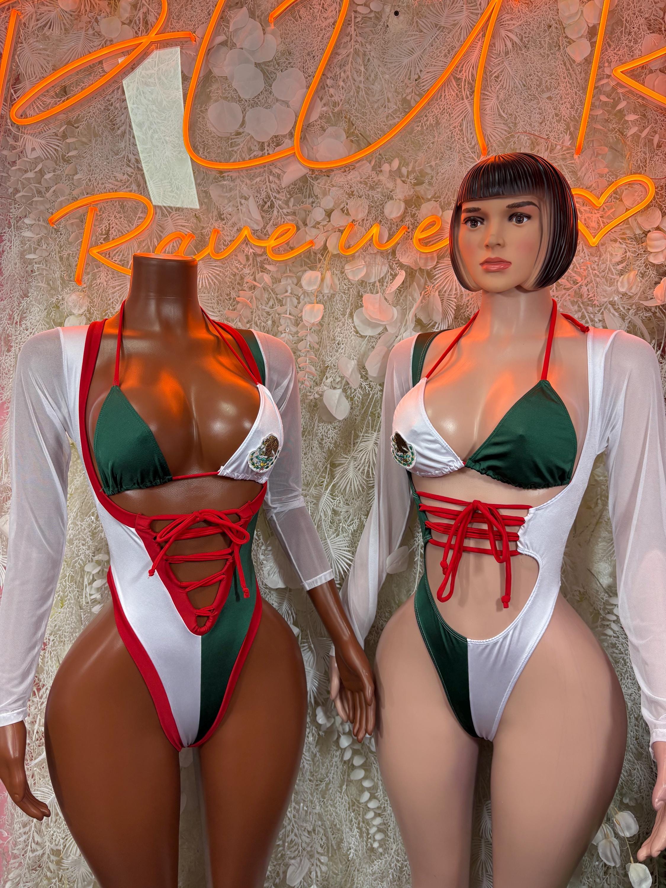 Mexican-flag bodysuit, green/white/red with red lace-up front and white long sleeves