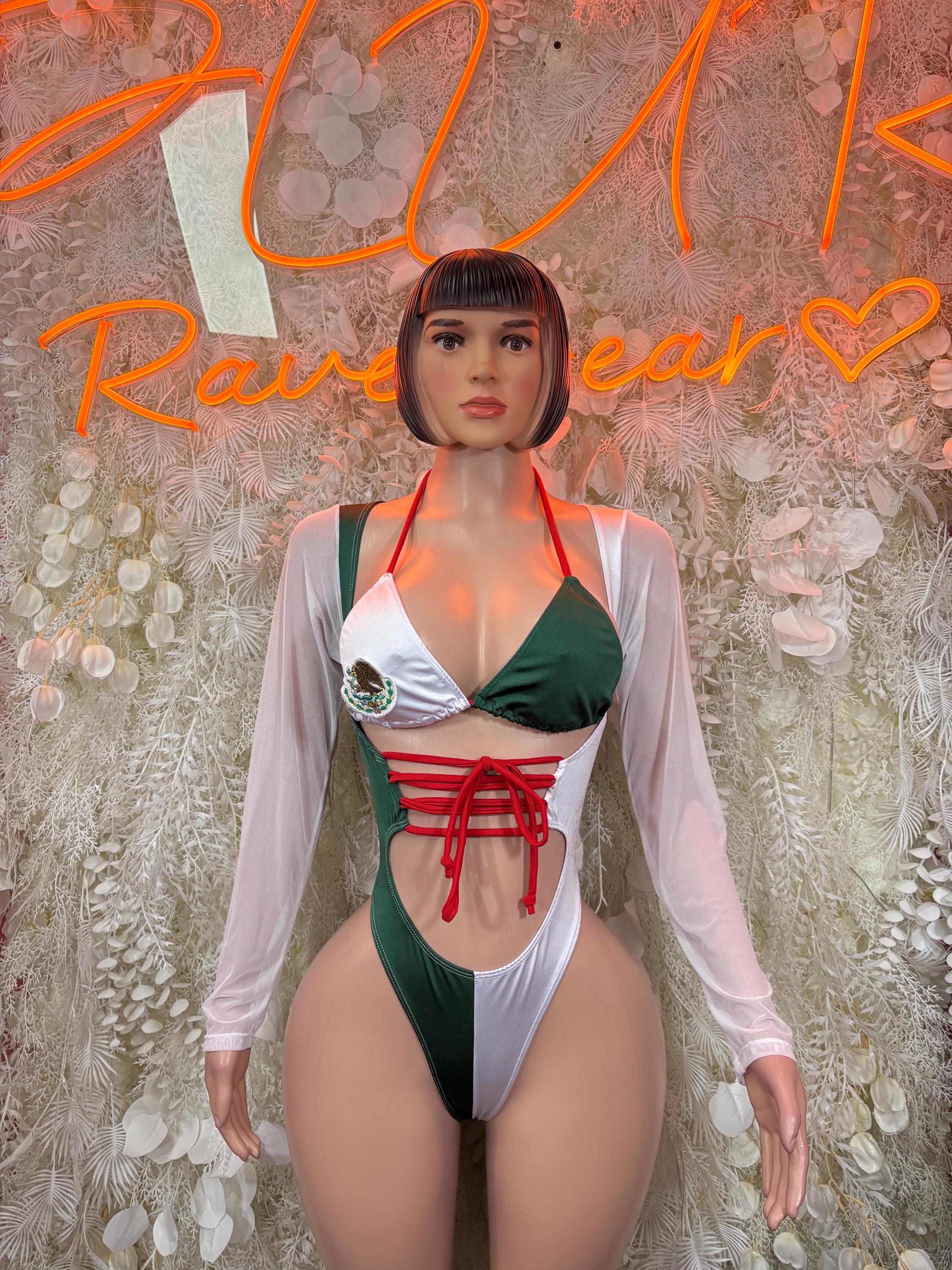 Mexican-flag bodysuit, green/white/red with red lace-up waist and halter top