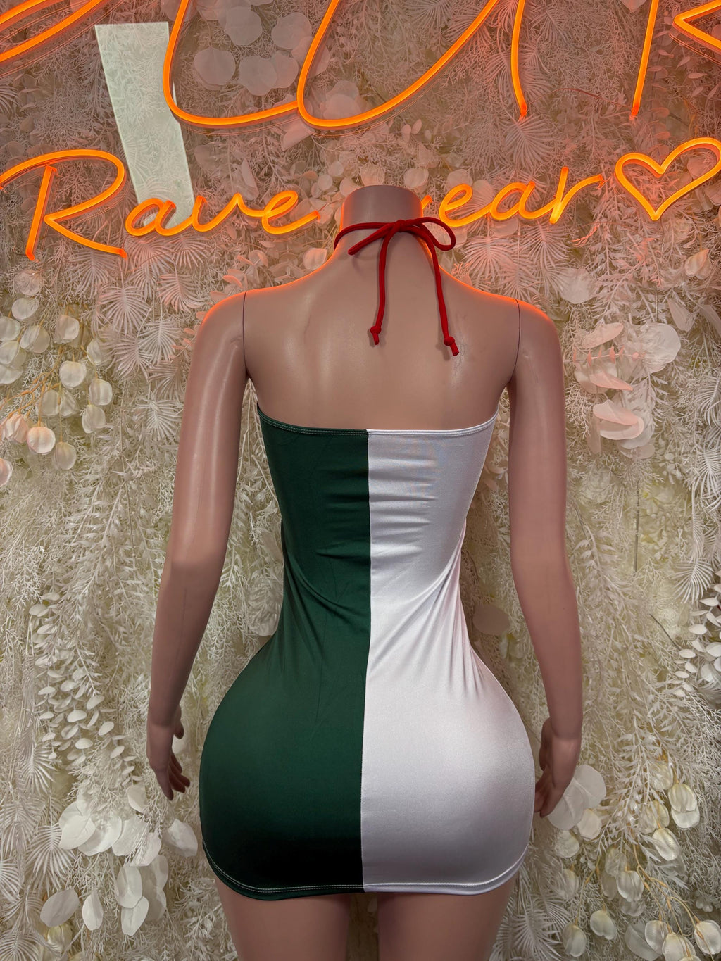 Mexican flag halter mini dress, back view, with green and white panels and red ties