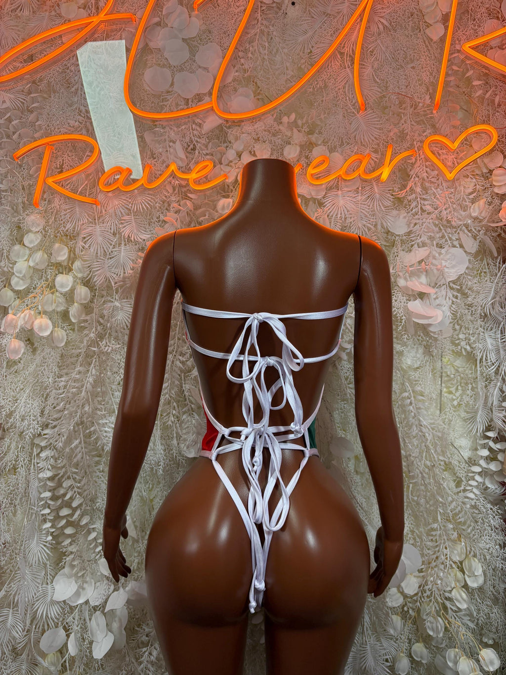 Mexican flag bodysuit back view in red, green, and white with lace-up strings