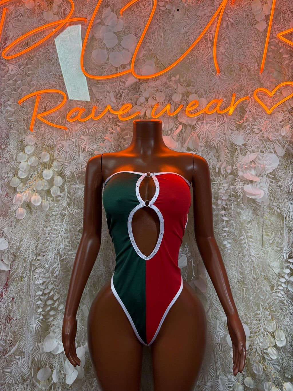 Mexican flag bodysuit in red, green, and white with keyhole cutout