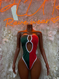 Mexican flag bodysuit in red, green, and white with keyhole cutout