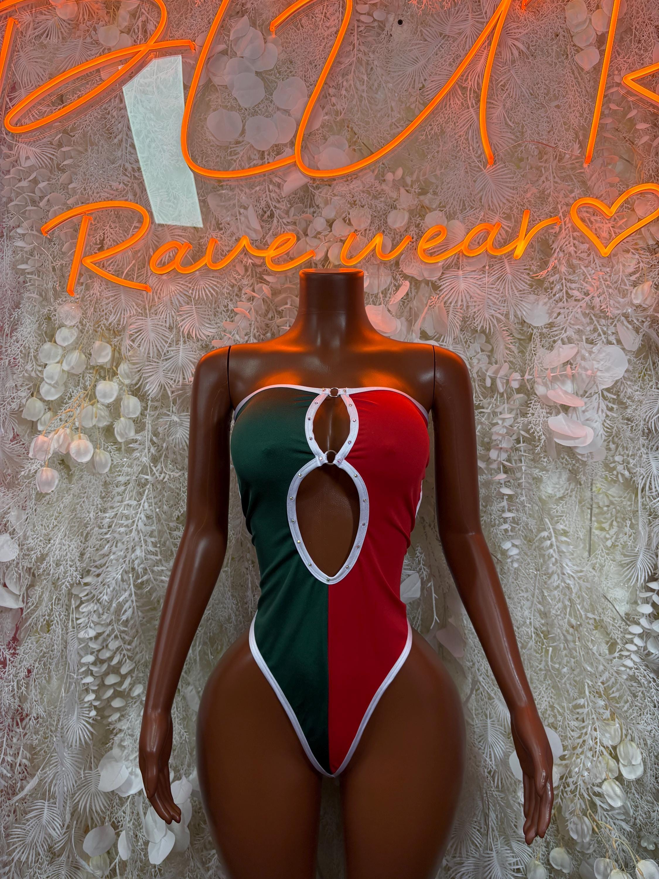 Mexican flag bodysuit in red, green, and white with keyhole cutout