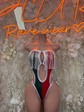 Women's Mexican flag bodysuit, open back with tassel fringe, red green white panels