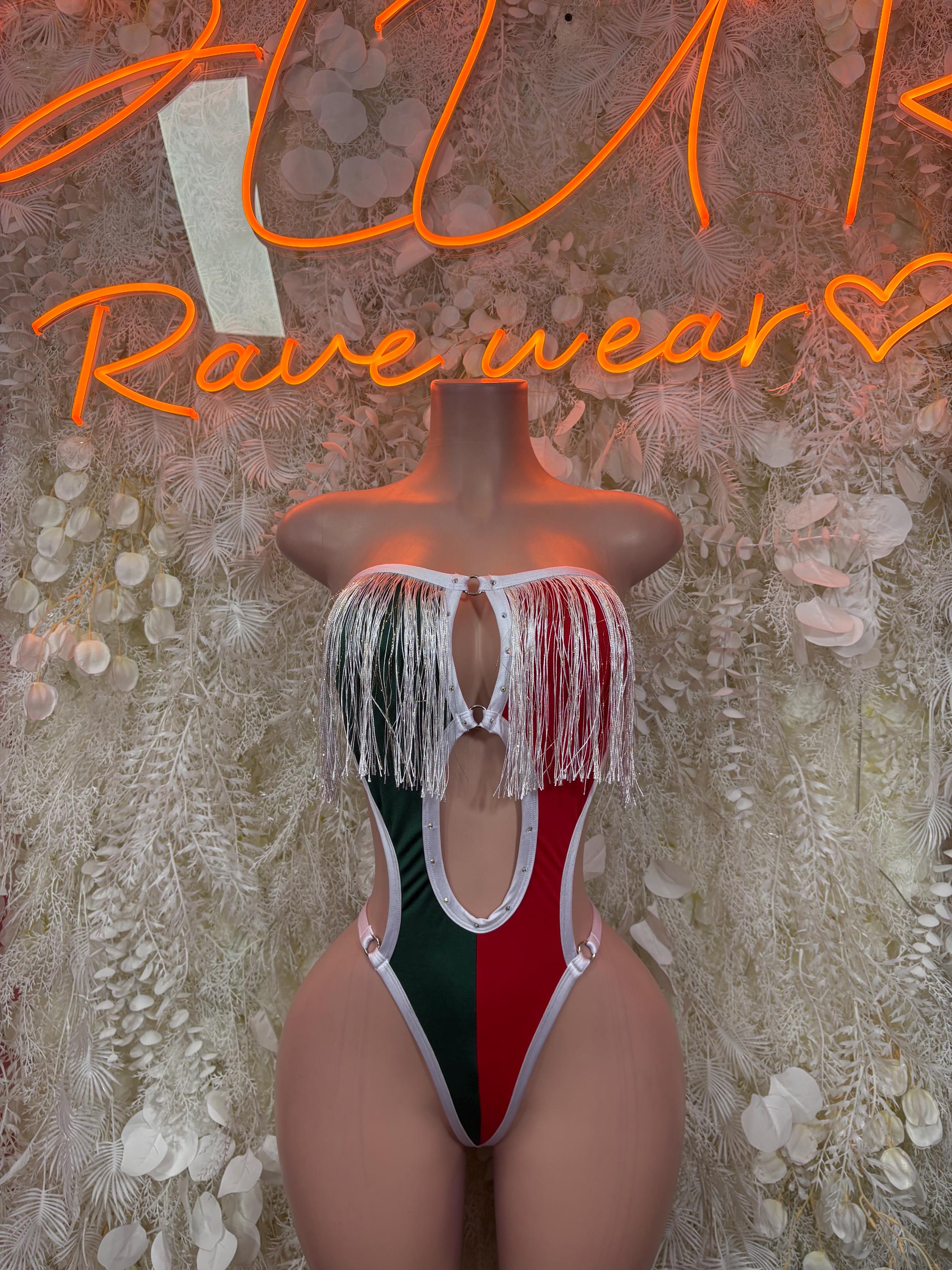 Women's Mexican flag bodysuit, open back with tassel fringe, red green white panels