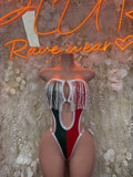 Mexico flag bodysuit swimsuit, open back with fringe and red, green, white panels