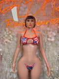 Stars-and-stripes bikini swimsuit with red-trim halter top and matching bottoms