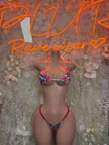 Stars and stripes American-flag bikini with triangle top and tie-side bottoms