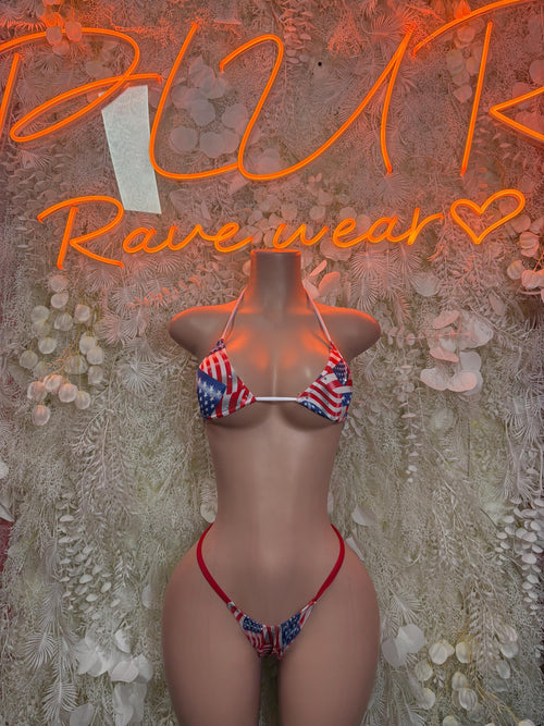 Stars and stripes American-flag bikini with triangle top and tie-side bottoms