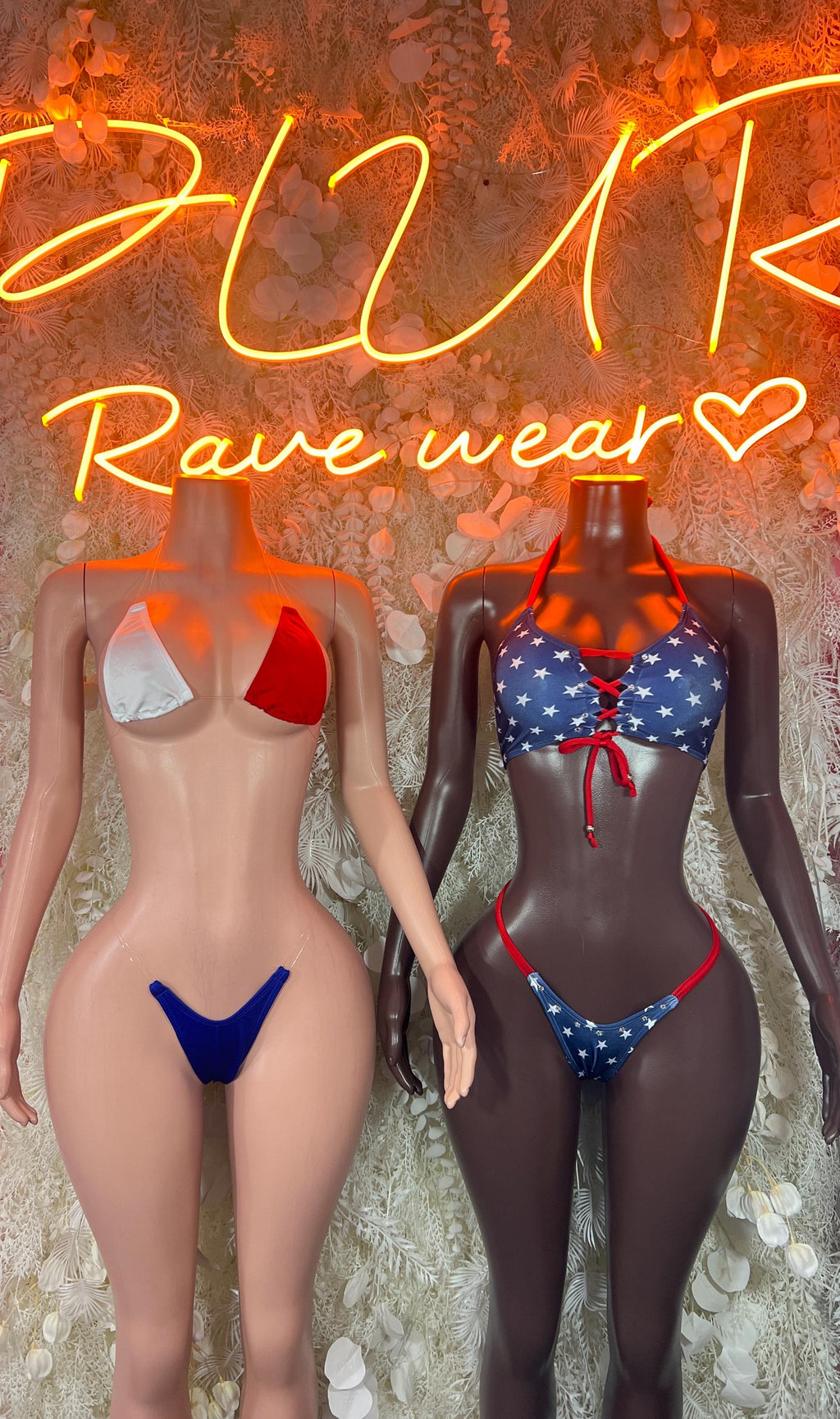 Two swimsuits: red/white bikini and blue star-print one-piece swimsuit